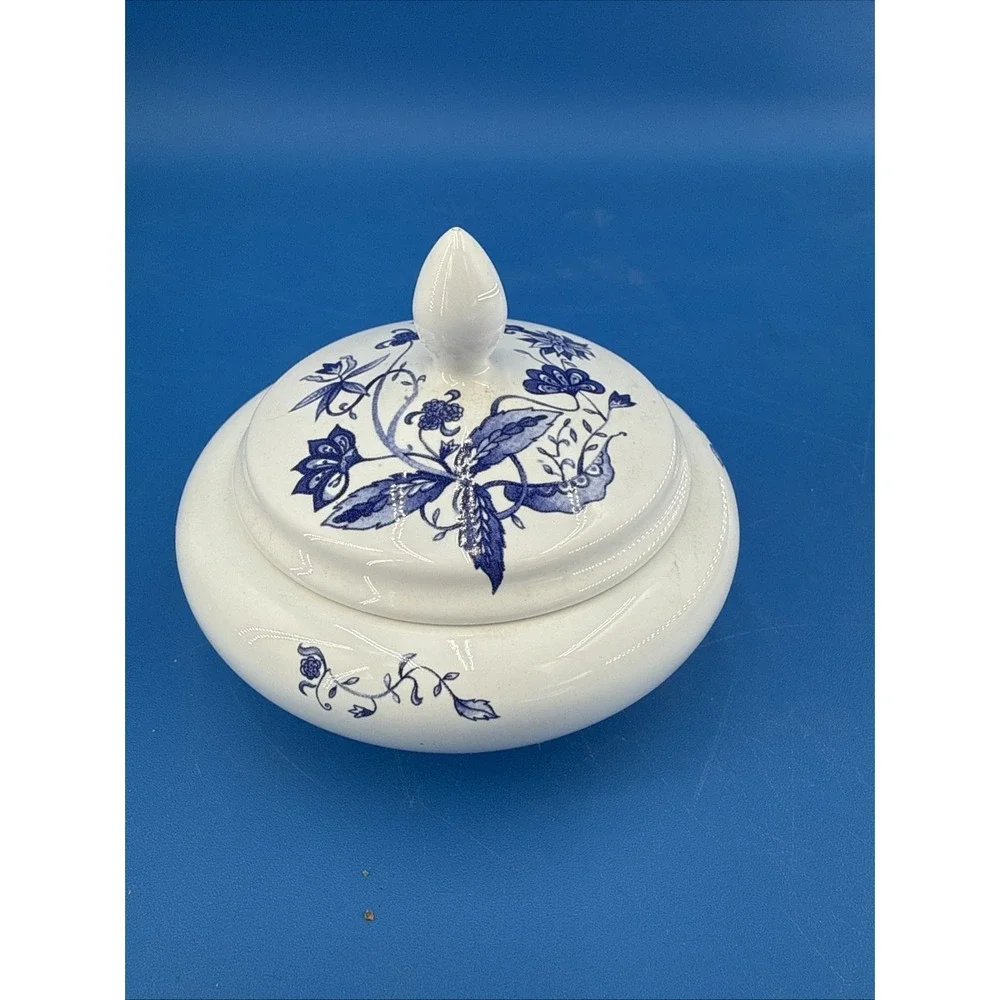 Blue & White Floral Ceramic Sugar Bowl w/Lid Glossy Finish Trinket Dish Curido